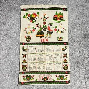 Vintage Perpetual Calendar 1974 Scandinavian Folk Art Kitchen Tea Towel Kitschy